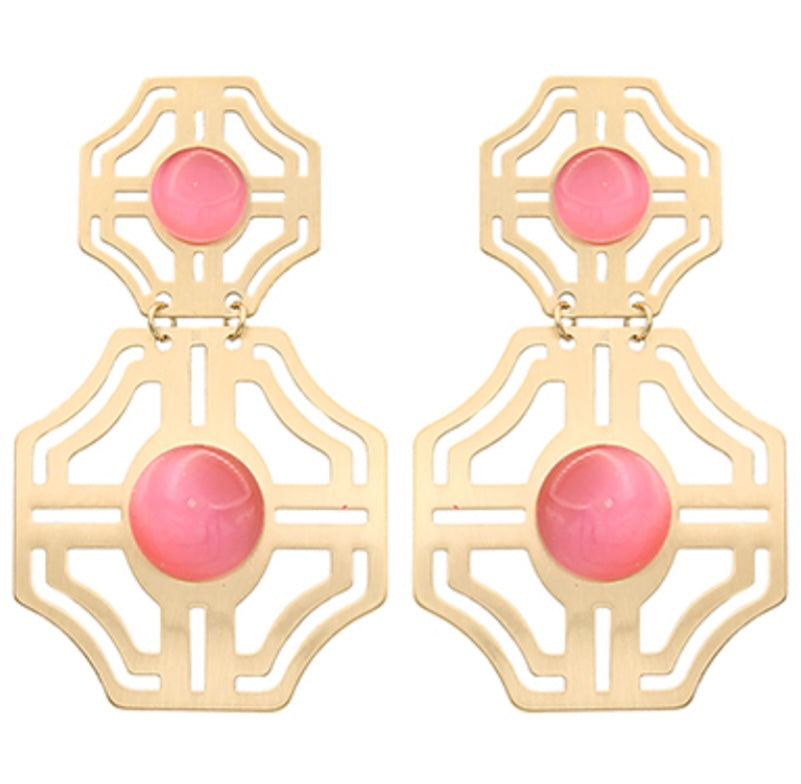 Brass & Stone Earrings (PINK)