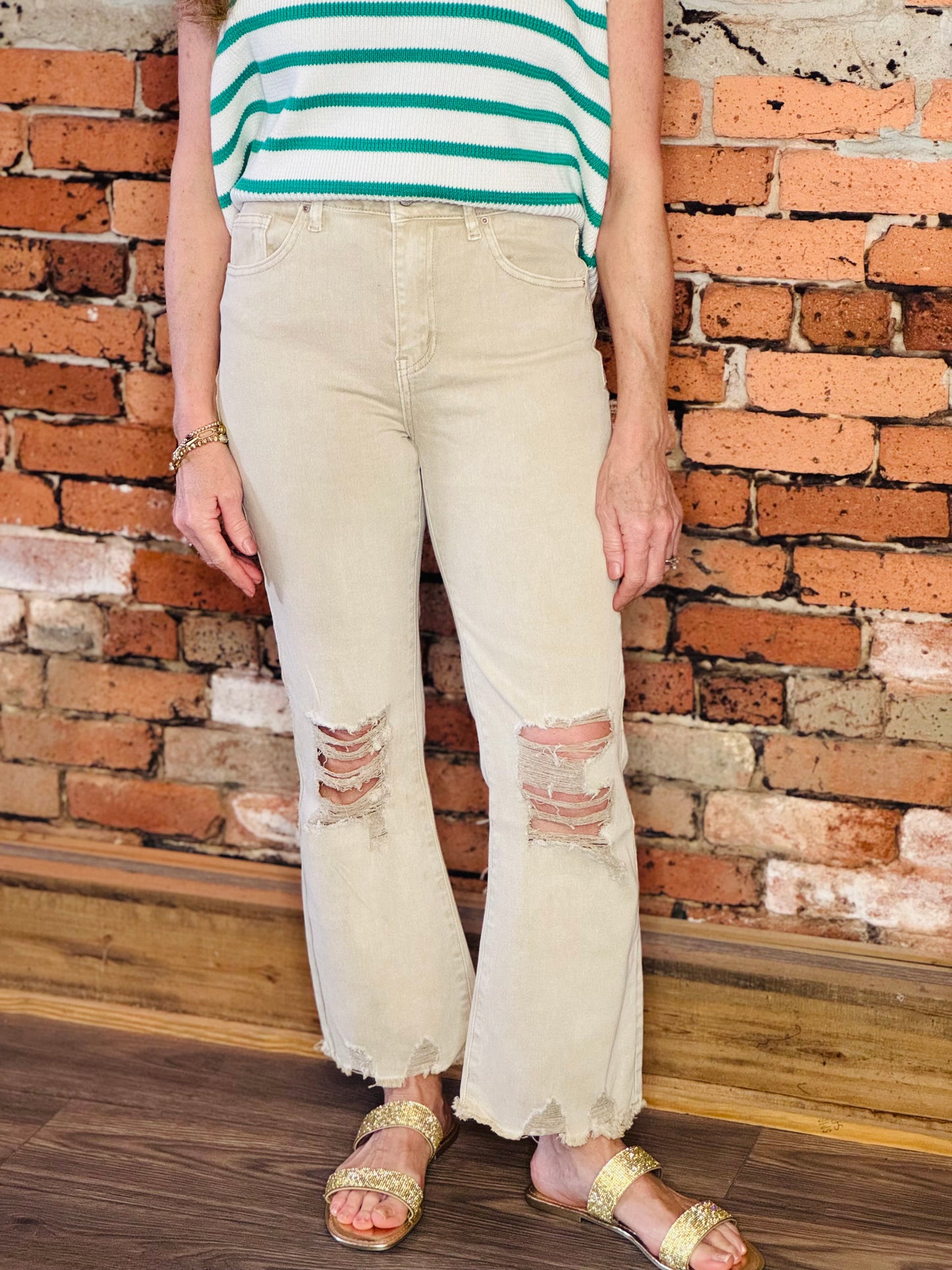 Acid Wash Distressed Jeans/ SAND