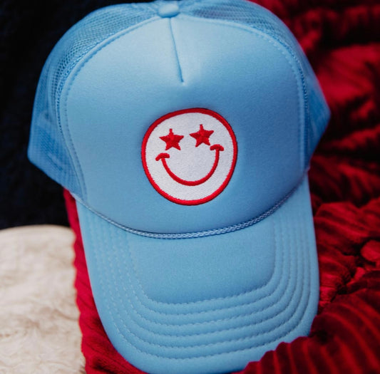 Stars Happy Face Trucker Hat - Blue