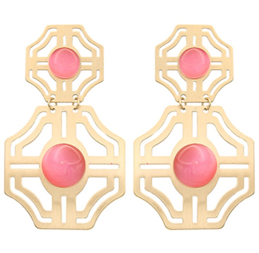 Brass & Stone Earrings (PINK)