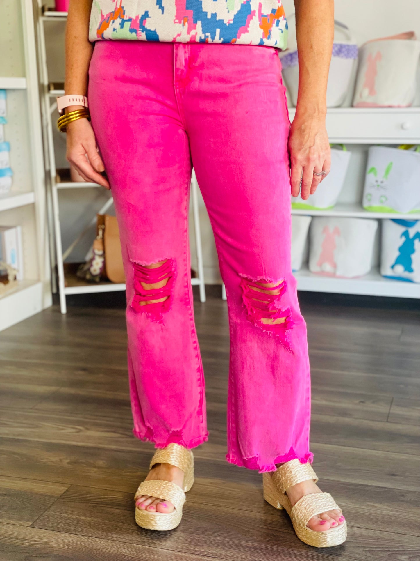 Acid Wash Distressed Jeans (HOT PINK)