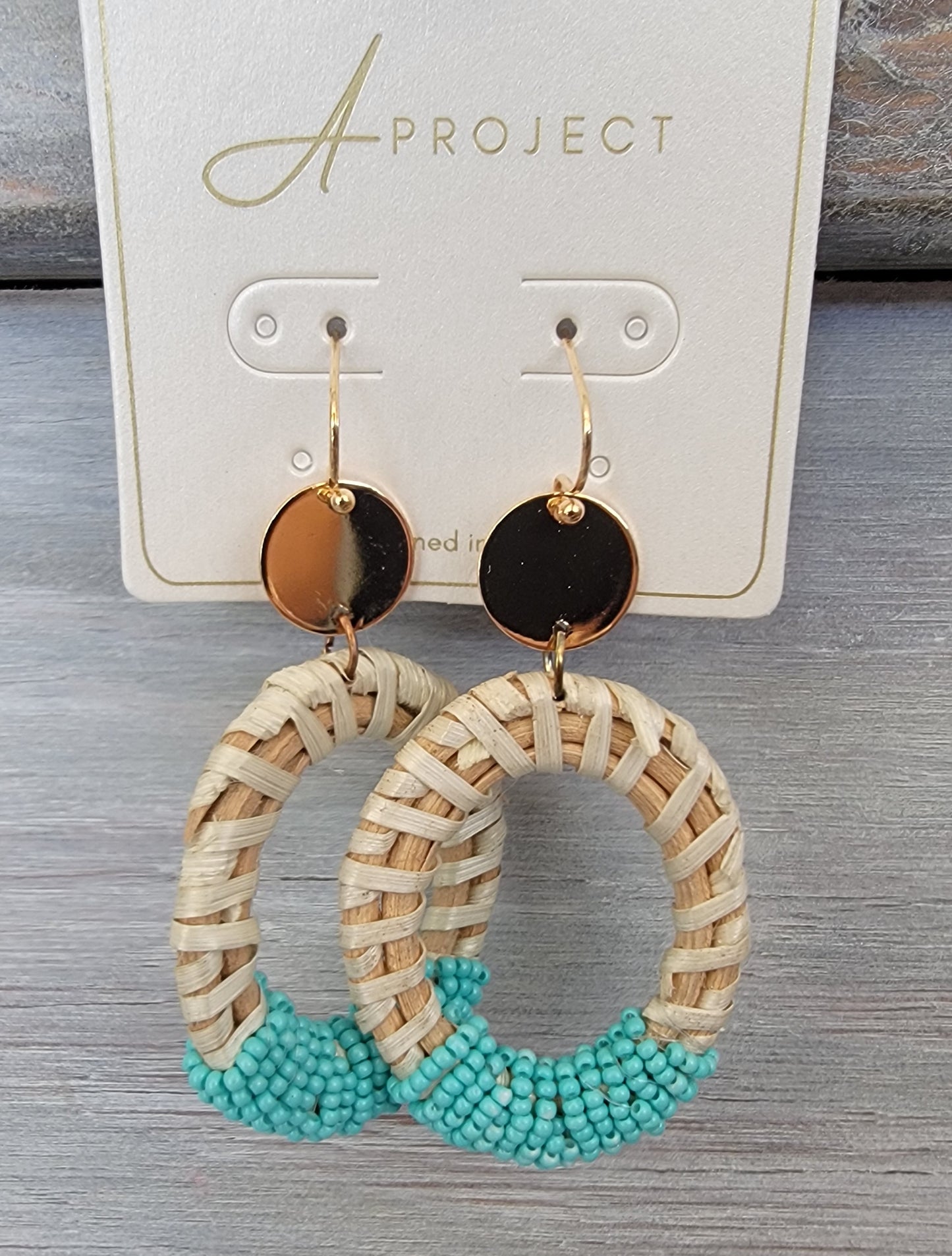 Beaded Raffia Drop Dangle ( Turquoise )