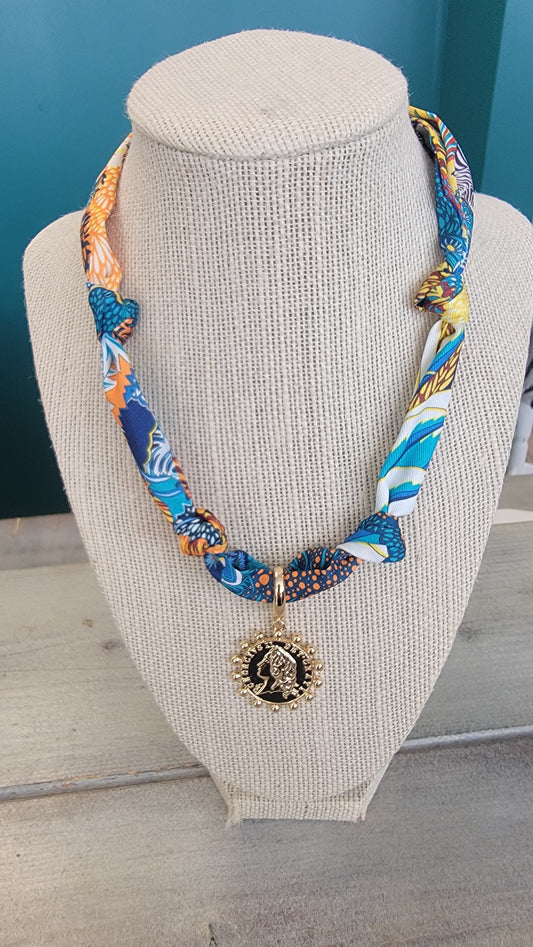 Paradise Scarf Necklace - Gold Coin Charm