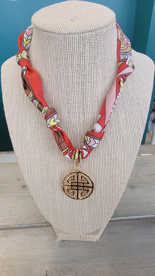 Ruby Heart Scarf Necklace - Greek Key Charm