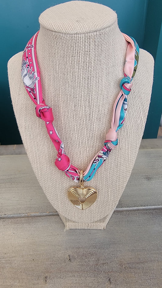 Pretty Pinks Scarf Necklace - Greek key Charm