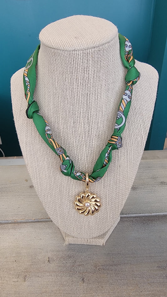 Green Goddess Scarf Necklace - Flower/ Pearl Charm